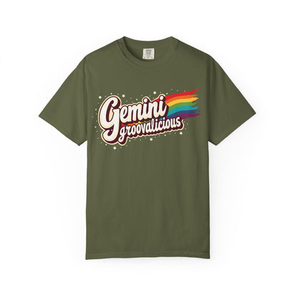 Gemini Groovalicious - Retro Rainbow Script Zodiac Tee