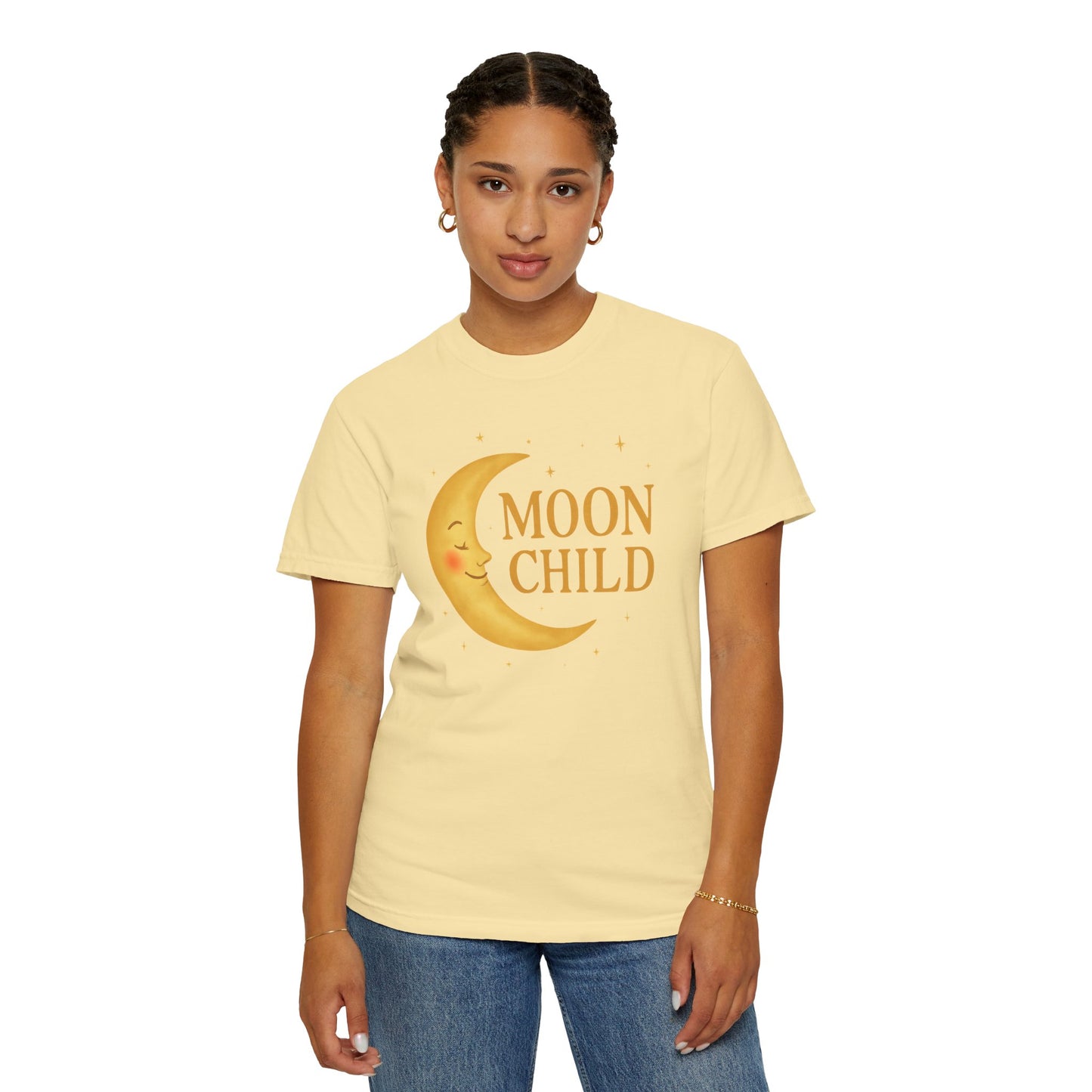 Moon Child Crescent Tee – Vibrant Golden Celestial Comfort Colors 1717 Shirt