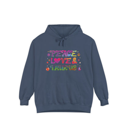 Peace Love & Taurus Unisex Hoodie – Groovy Retro Comfort Colors Midweight Hoodie