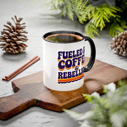 Fueled by Coffee & Rebellion – Funny Retro Mug (Color Accent, 11oz & 15oz)