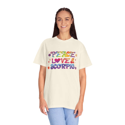 Peace Love & Scorpio Tee – Colorful Retro Zodiac Shirt