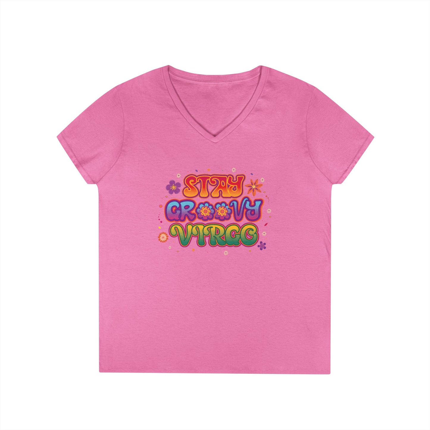 Stay Groovy Virgo Women’s V-Neck Tee – Empowering Retro Colorful Shirt