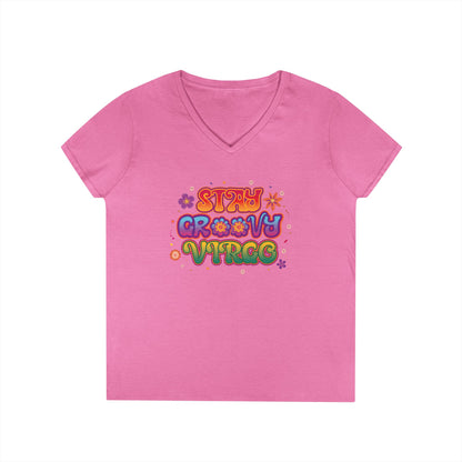 Stay Groovy Virgo Women’s V-Neck Tee – Empowering Retro Colorful Shirt