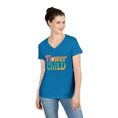 Flower Child Women’s V-Neck Tee – Empowering Retro Floral Colorful Shirt