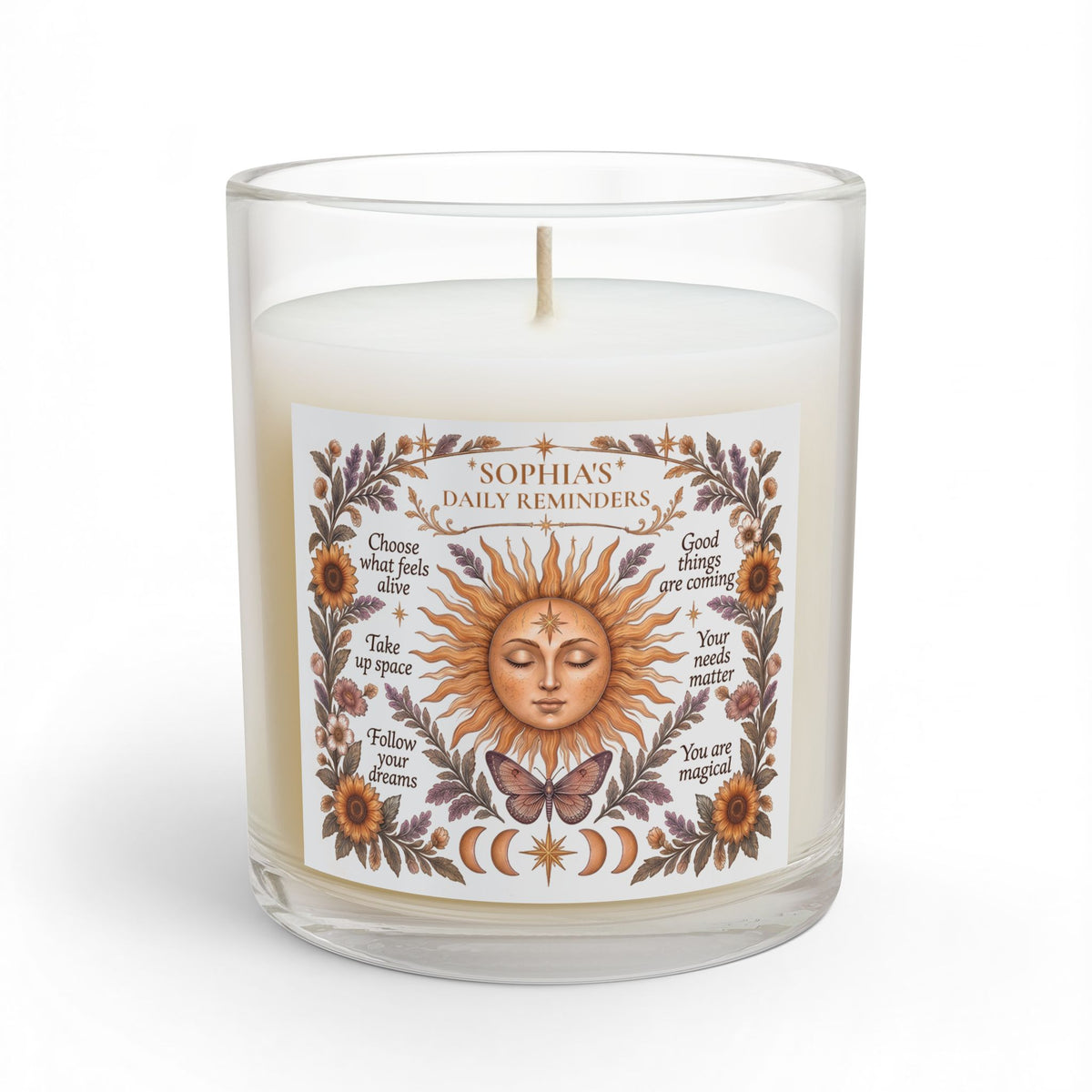 Personalized Boho Celestial Sun Scented and Unscented Candle