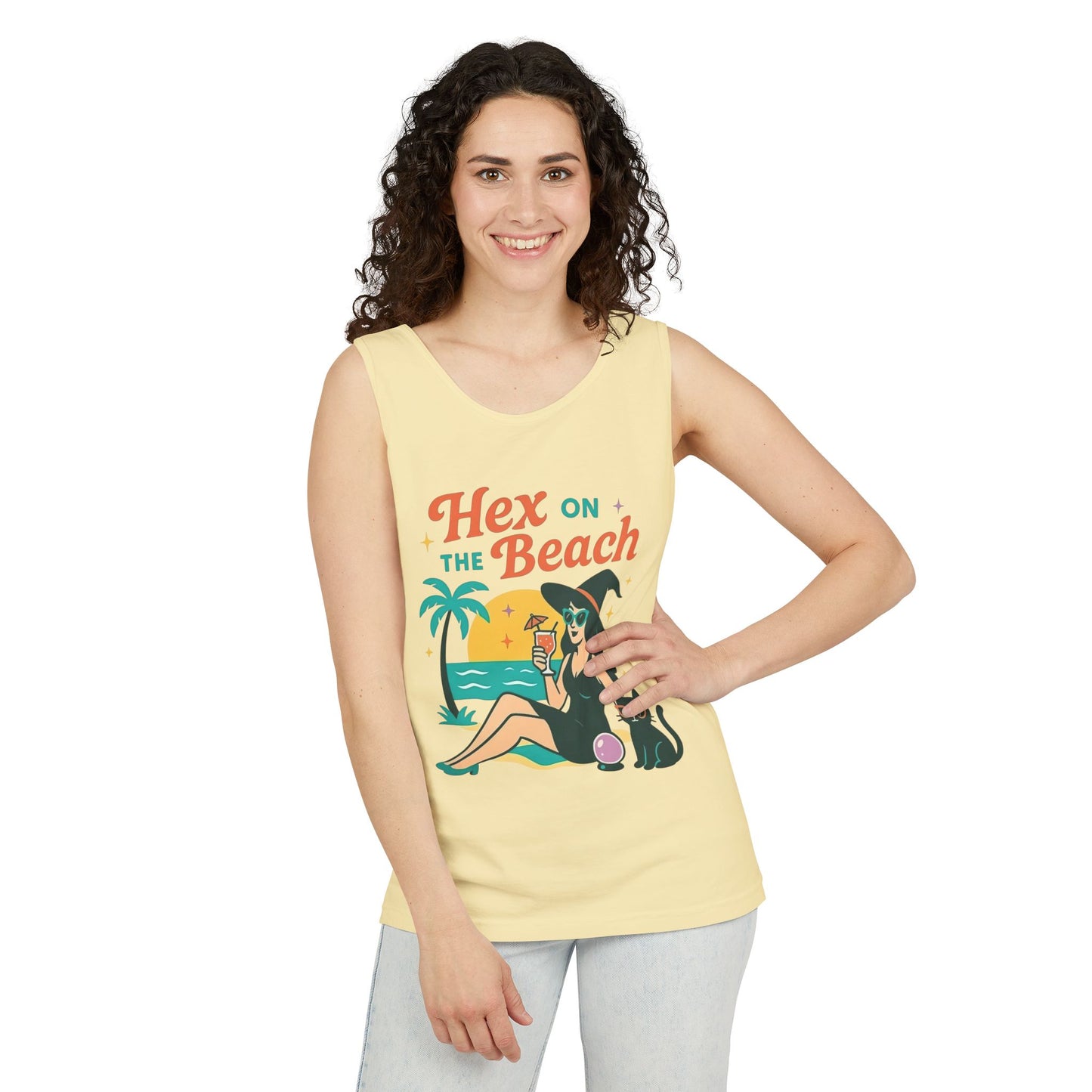 Hex on the Beach – Sunset Witch Tank with Cat & Cocktail (Unisex)