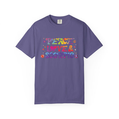 Peace Love & Scorpio Tee – Colorful Retro Zodiac Shirt