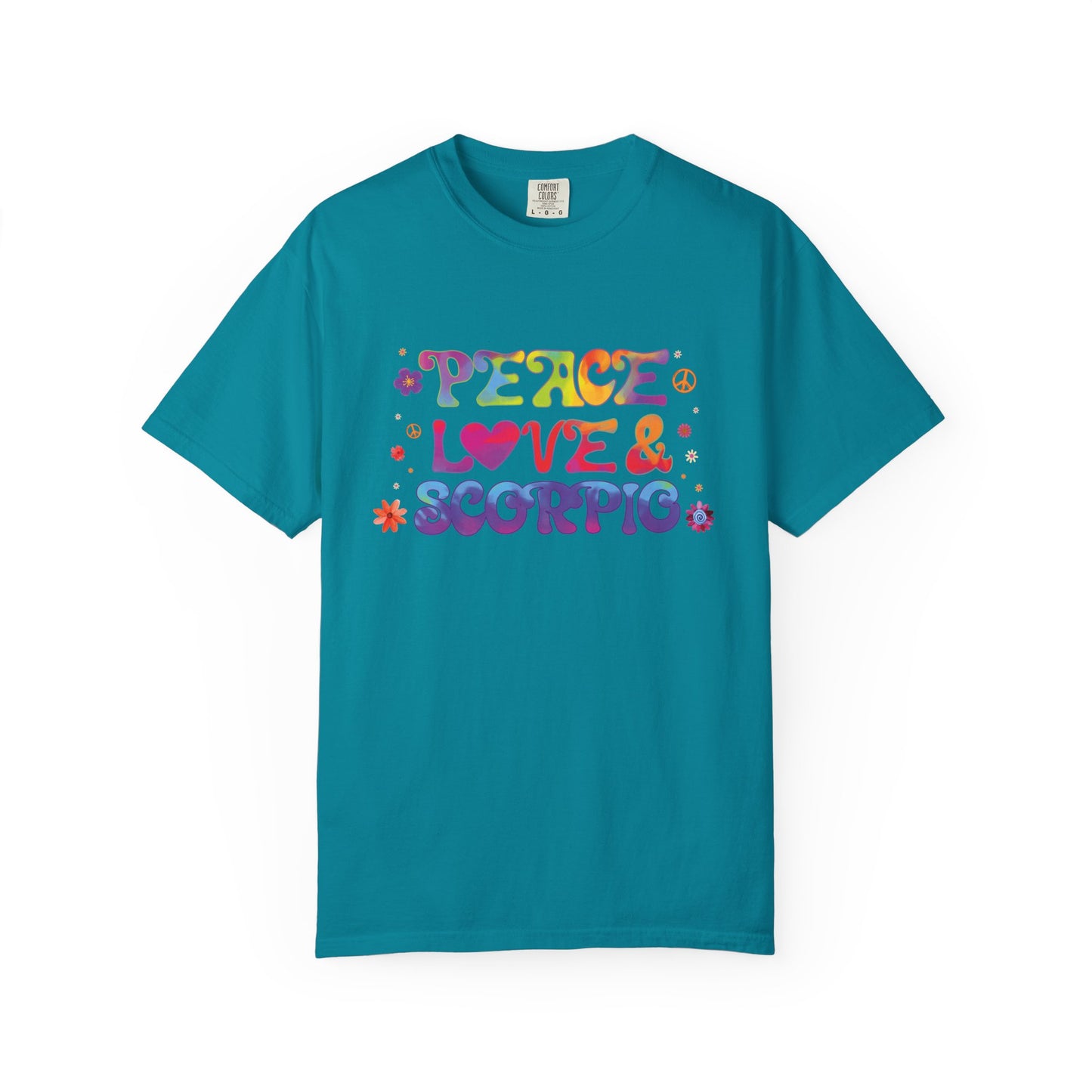 Peace Love & Scorpio Tee – Colorful Retro Zodiac Shirt
