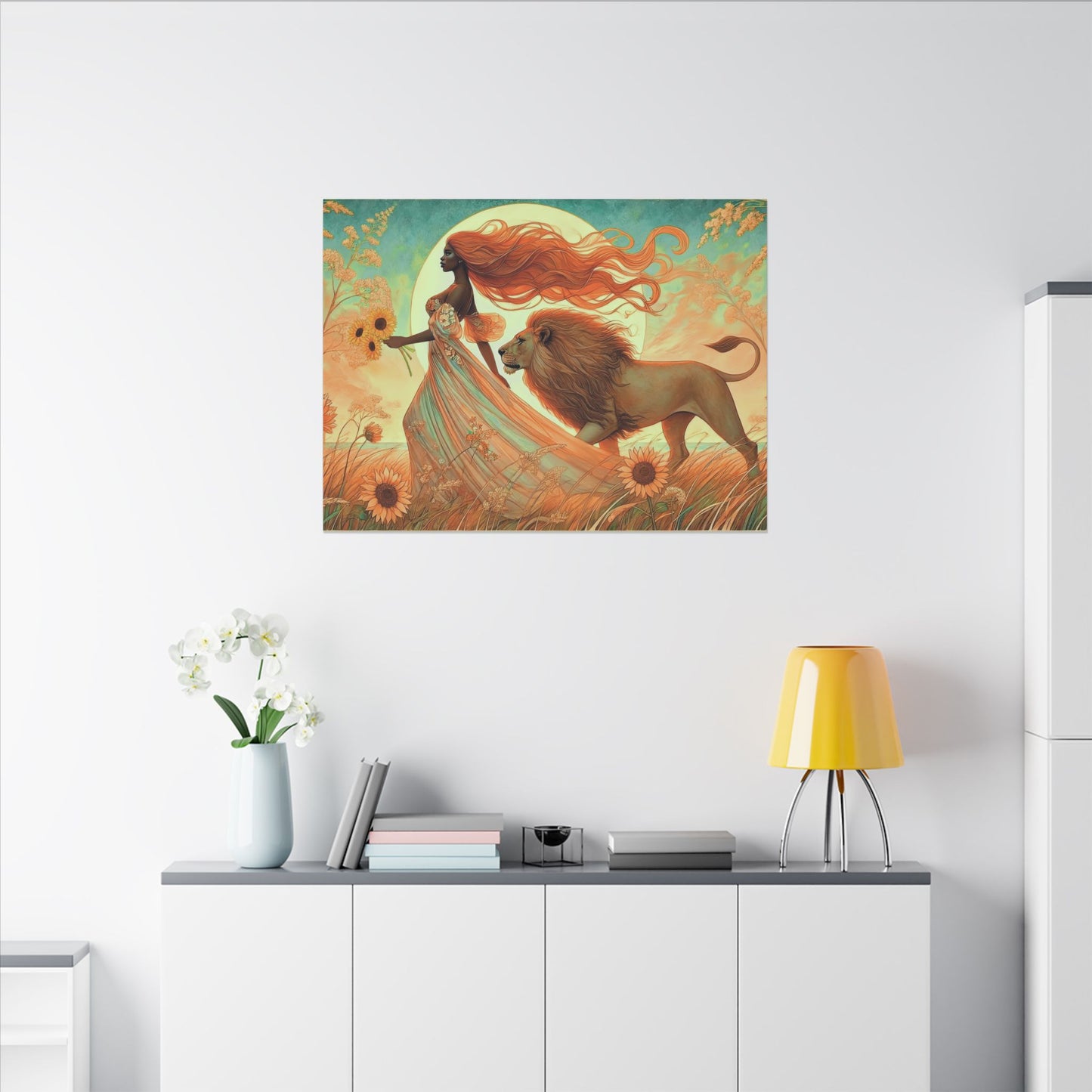 Leo Zodiac Wall Art, Lion Goddess Canvas Print, Astrology Home Decor, Leo Gift for Her, Sunflower Leo Painting, Star Sign Wall Decor