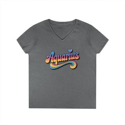Retro Aquarius Women's V-Neck Tee – Empowering Colorful Zodiac Shirt