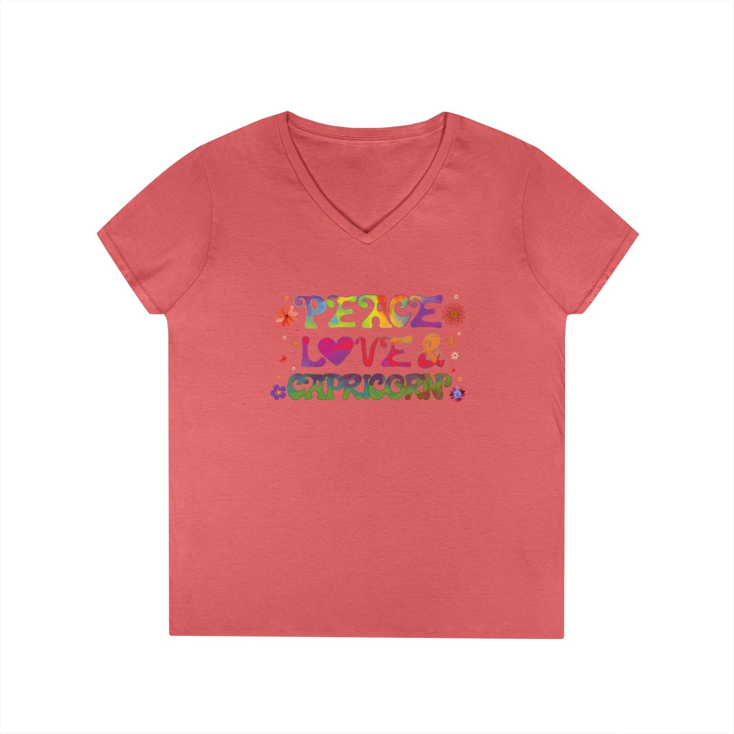 Peace Love Capricorn Women’s V-Neck Tee – Empowering Retro Zodiac Shirt