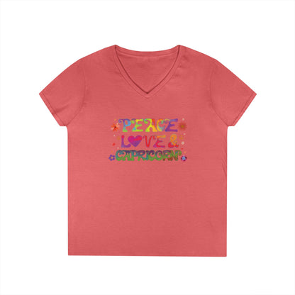 Peace Love Capricorn Women’s V-Neck Tee – Empowering Retro Zodiac Shirt