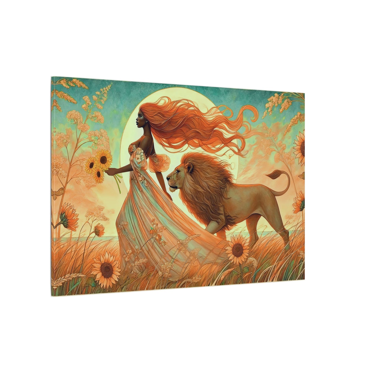 Leo Zodiac Wall Art, Lion Goddess Canvas Print, Astrology Home Decor, Leo Gift for Her, Sunflower Leo Painting, Star Sign Wall Decor