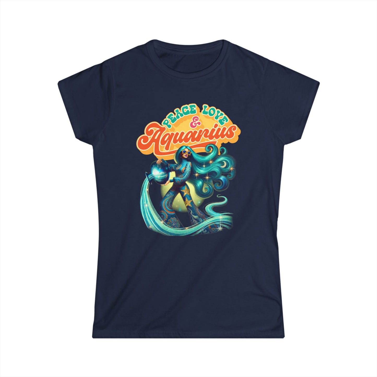 Peace Love Aquarius Women’s Softstyle Tee – Empowering Retro Zodiac Shirt