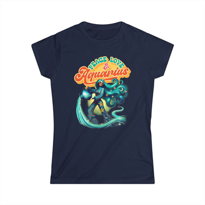 Peace Love Aquarius Women’s Softstyle Tee – Empowering Retro Zodiac Shirt