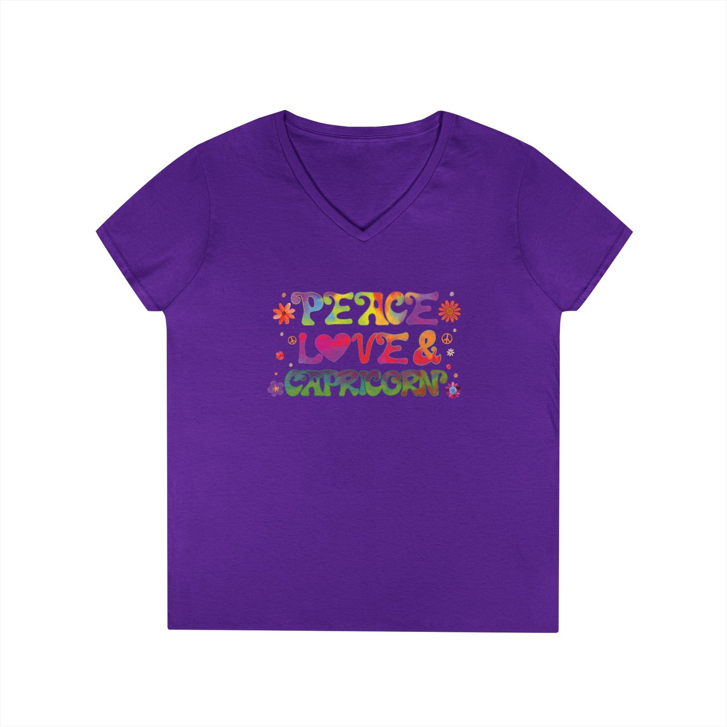 Peace Love Capricorn Women’s V-Neck Tee – Empowering Retro Zodiac Shirt
