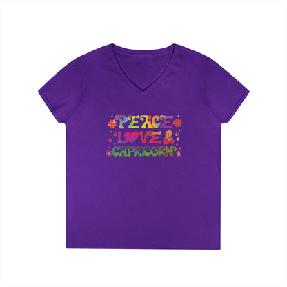 Peace Love Capricorn Women’s V-Neck Tee – Empowering Retro Zodiac Shirt
