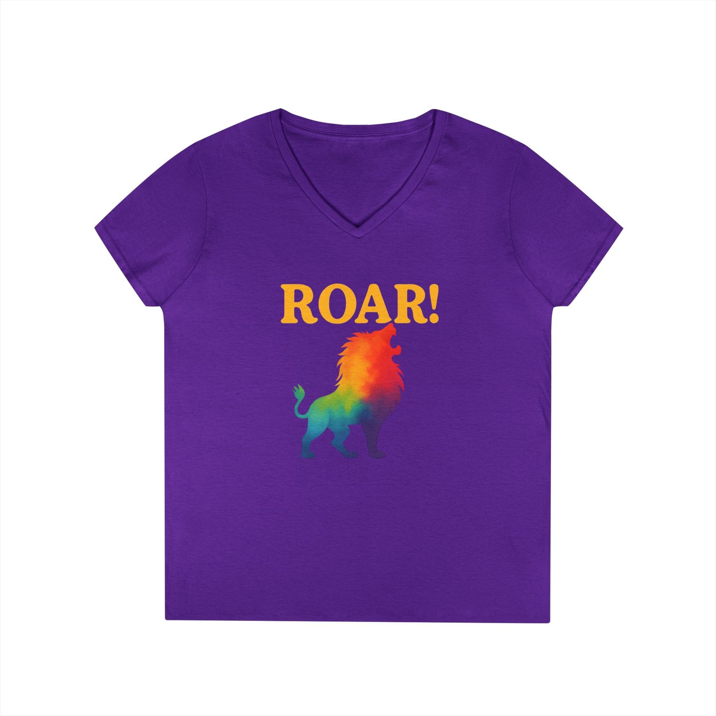Roar Lion Women’s V-Neck Tee – Empowering Rainbow Zodiac Leo Shirt