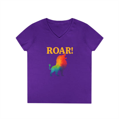 Roar Lion Women’s V-Neck Tee – Empowering Rainbow Zodiac Leo Shirt