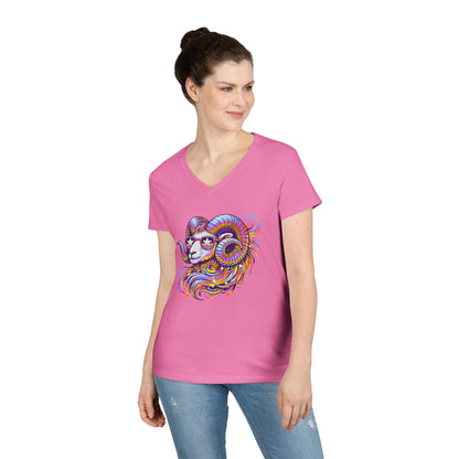Psychedelic Ram Women’s V-Neck Tee – Empowering Aries Zodiac Shirt