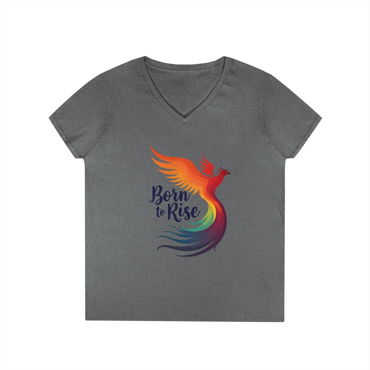 Born to Rise Women’s V-Neck Tee – Empowering Phoenix Colorful Shirt