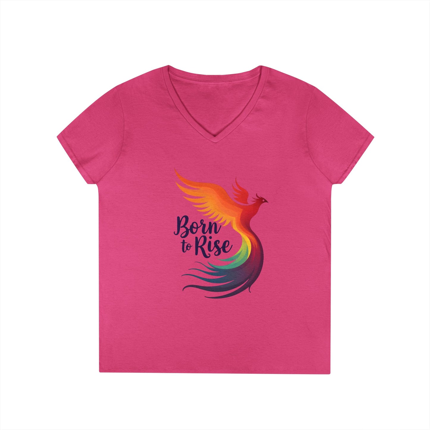 Born to Rise Women’s V-Neck Tee – Empowering Phoenix Colorful Shirt