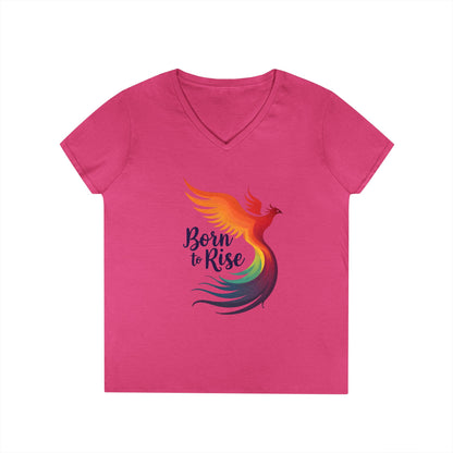 Born to Rise Women’s V-Neck Tee – Empowering Phoenix Colorful Shirt