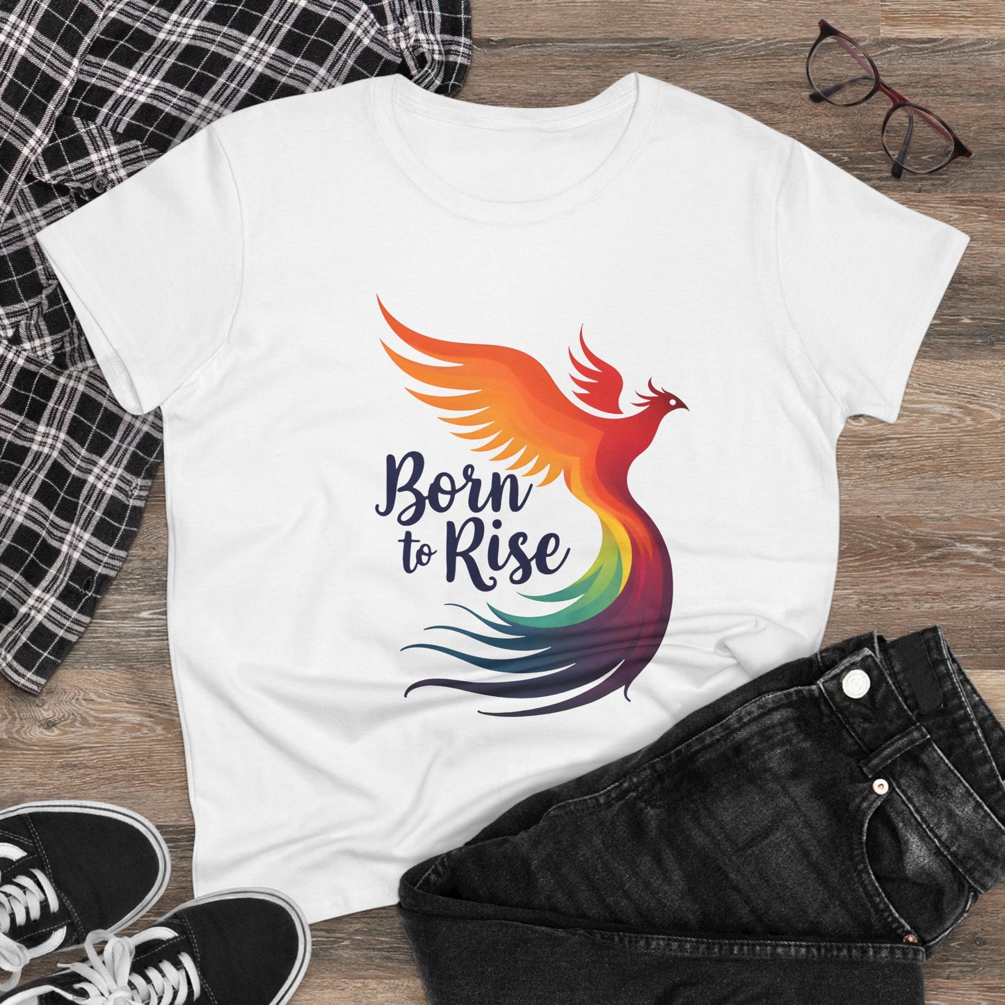 Born to Rise Women’s Crewneck Tee – Empowering Phoenix Colorful Shirt