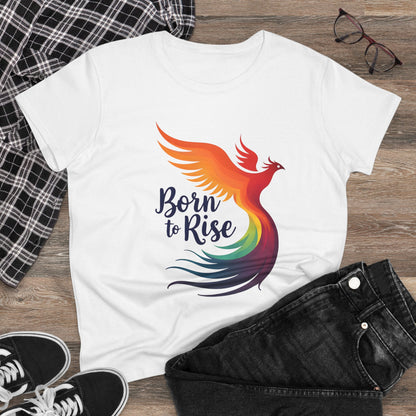Born to Rise Women’s Crewneck Tee – Empowering Phoenix Colorful Shirt