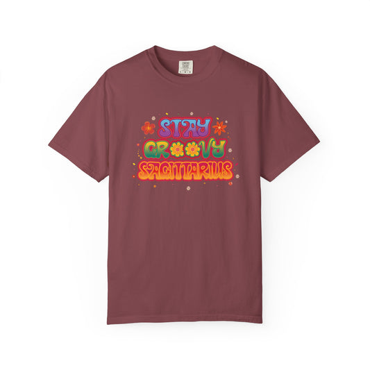 Stay Groovy Sagittarius – Retro Zodiac Flower Power Tee