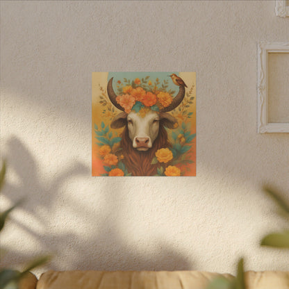 Bull with Bird – Floral Serenity Wall Art (Taurus Inspired), Square