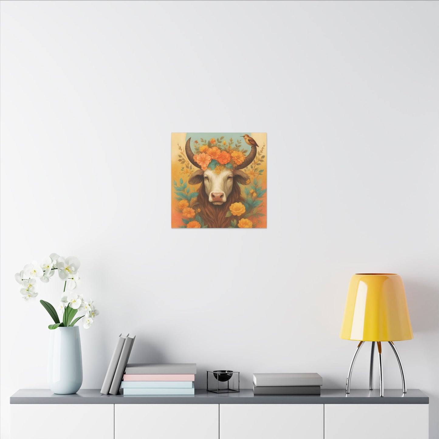 Bull with Bird – Floral Serenity Wall Art (Taurus Inspired), Square