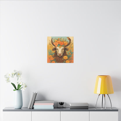 Bull with Bird – Floral Serenity Wall Art (Taurus Inspired), Square