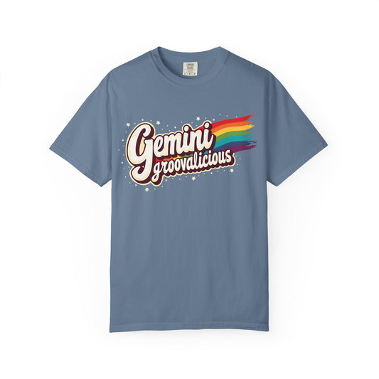 Gemini Groovalicious - Retro Rainbow Script Zodiac Tee