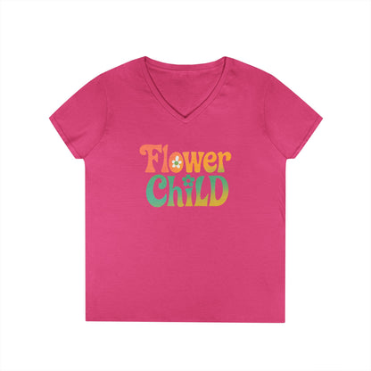Flower Child Women’s V-Neck Tee – Empowering Retro Floral Colorful Shirt