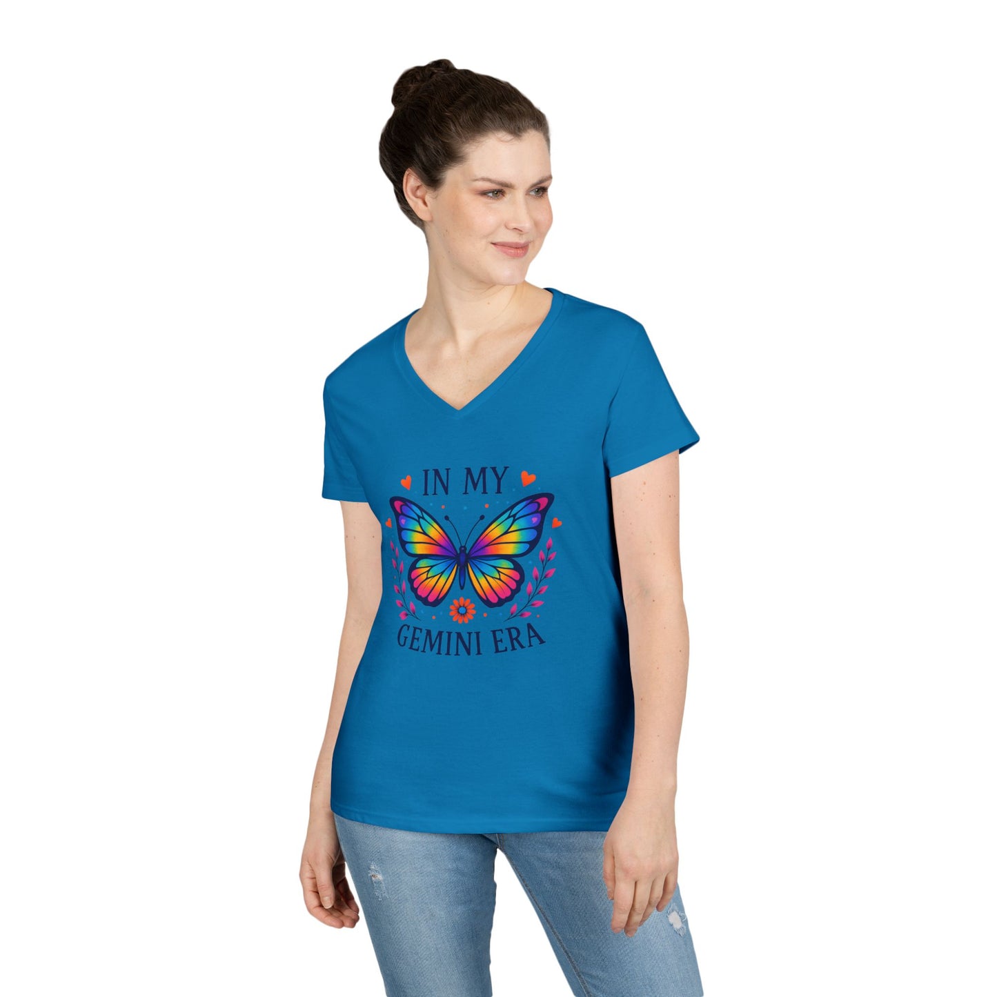 In My Gemini Era Women’s V-Neck Tee – Empowering Butterfly Zodiac Shirt