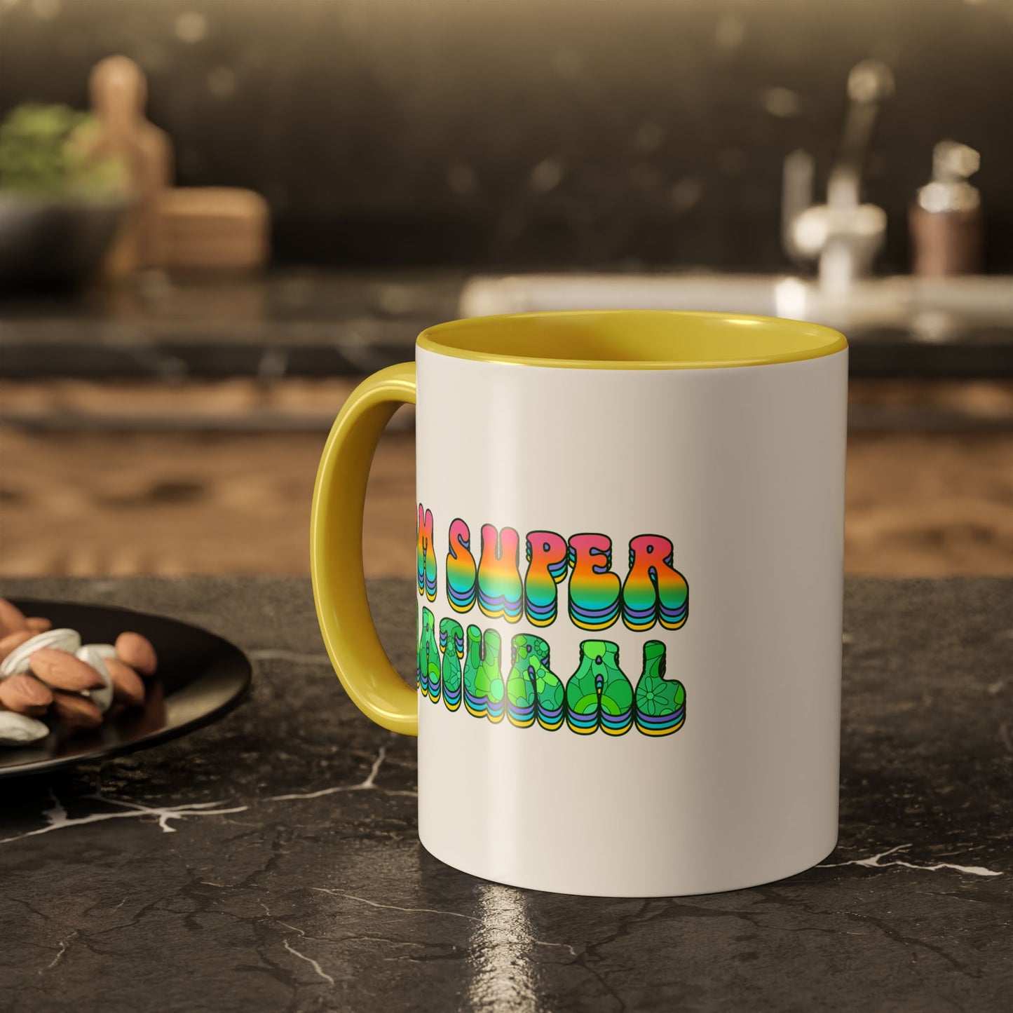 I’m Super Natural – Groovy Earth Goddess Two-Sided Mug (Yellow or Green, 11oz & 15oz)