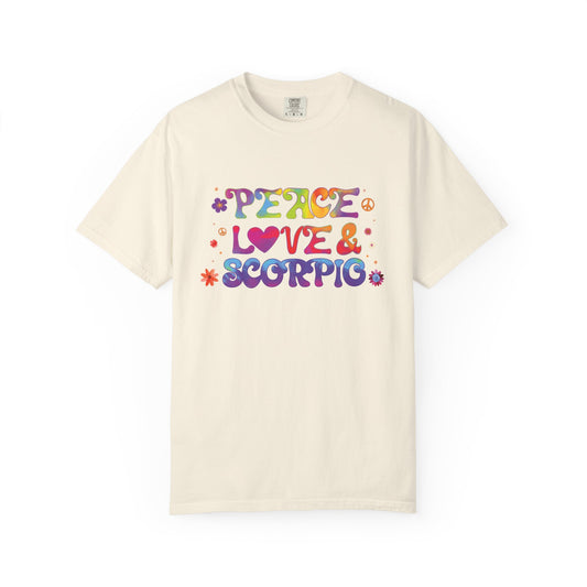 Peace Love & Scorpio Tee – Colorful Retro Zodiac Shirt
