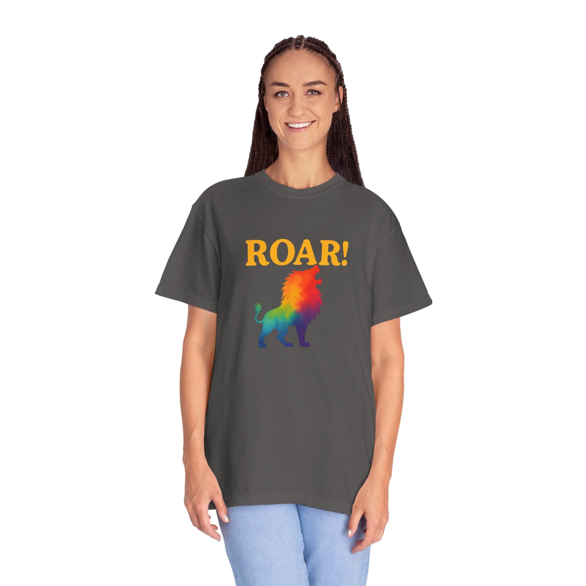 ROAR! – Retro Rainbow Lion Tee for Cosmic Confidence