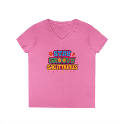 Stay Groovy Sagittarius Women’s V-Neck Tee – Empowering Retro Zodiac Shirt