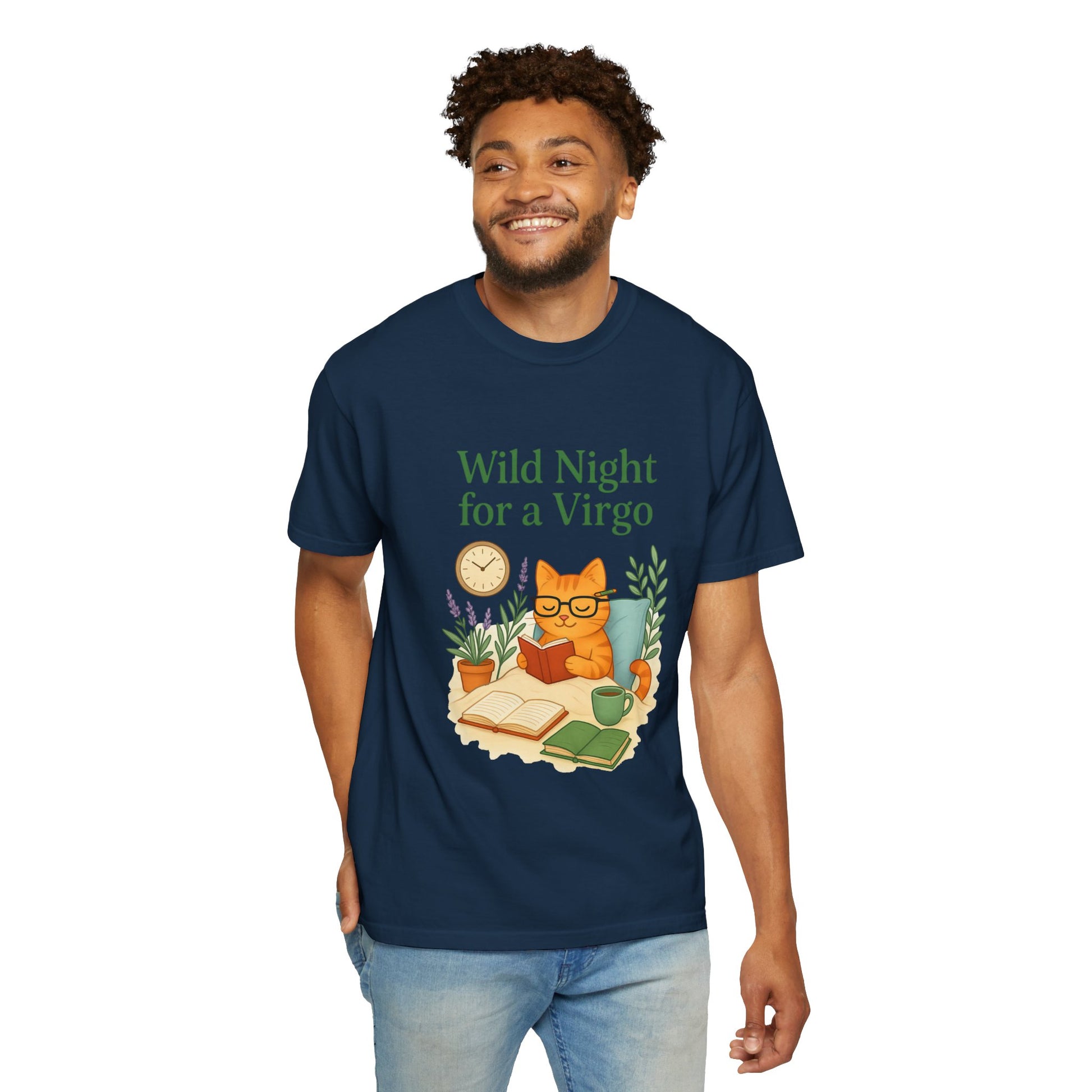 Wild Night for a Virgo – Cozy Cat Tee for Bookish Earth Signs