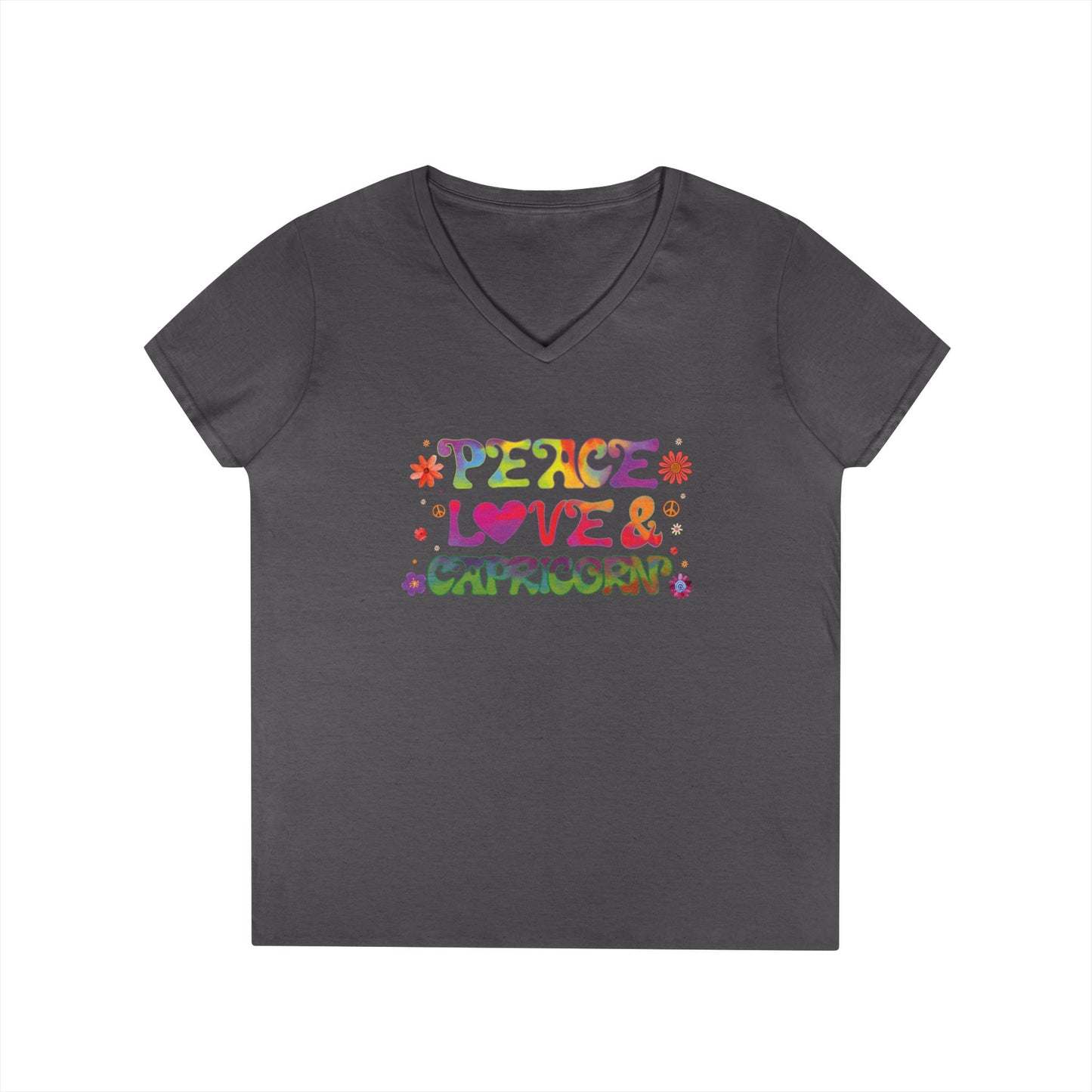Peace Love Capricorn Women’s V-Neck Tee – Empowering Retro Zodiac Shirt