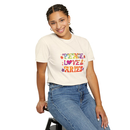 Peace Love & Aries – Colorful Retro Zodiac Tee