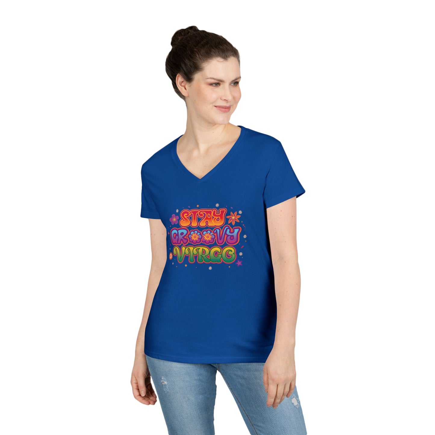 Stay Groovy Virgo Women’s V-Neck Tee – Empowering Retro Zodiac Shirt