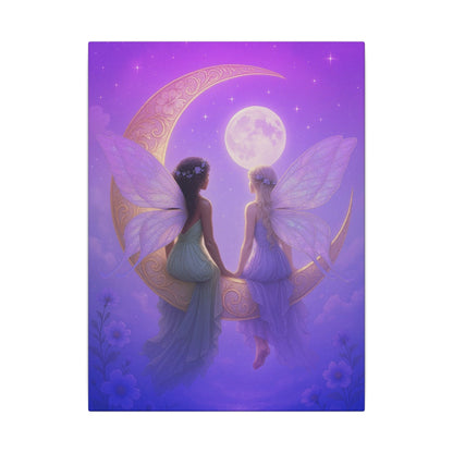 Fairy Friends on the Moon – Enchanted Purple Dream Wall Art