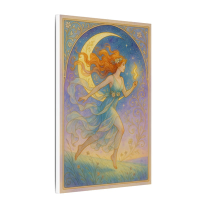 Flame Keeper Running Free – Moonlit Goddess Art Nouveau Canvas Wall Art