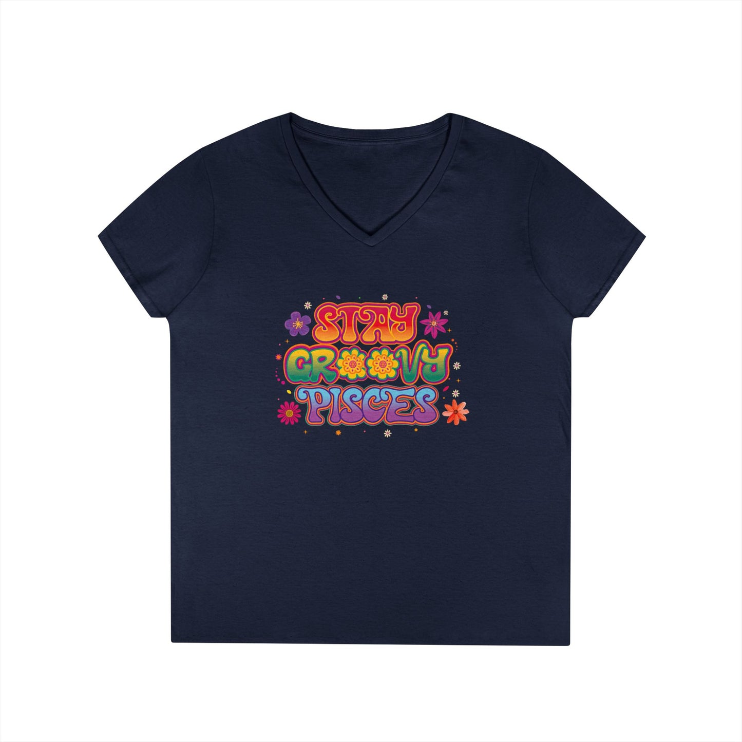 Stay Groovy Pisces Women’s V-Neck Tee – Empowering Retro Zodiac Shirt
