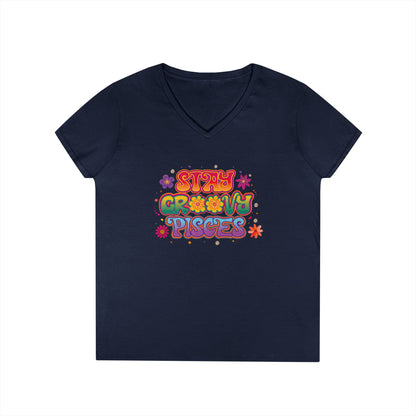 Stay Groovy Pisces Women’s V-Neck Tee – Empowering Retro Zodiac Shirt