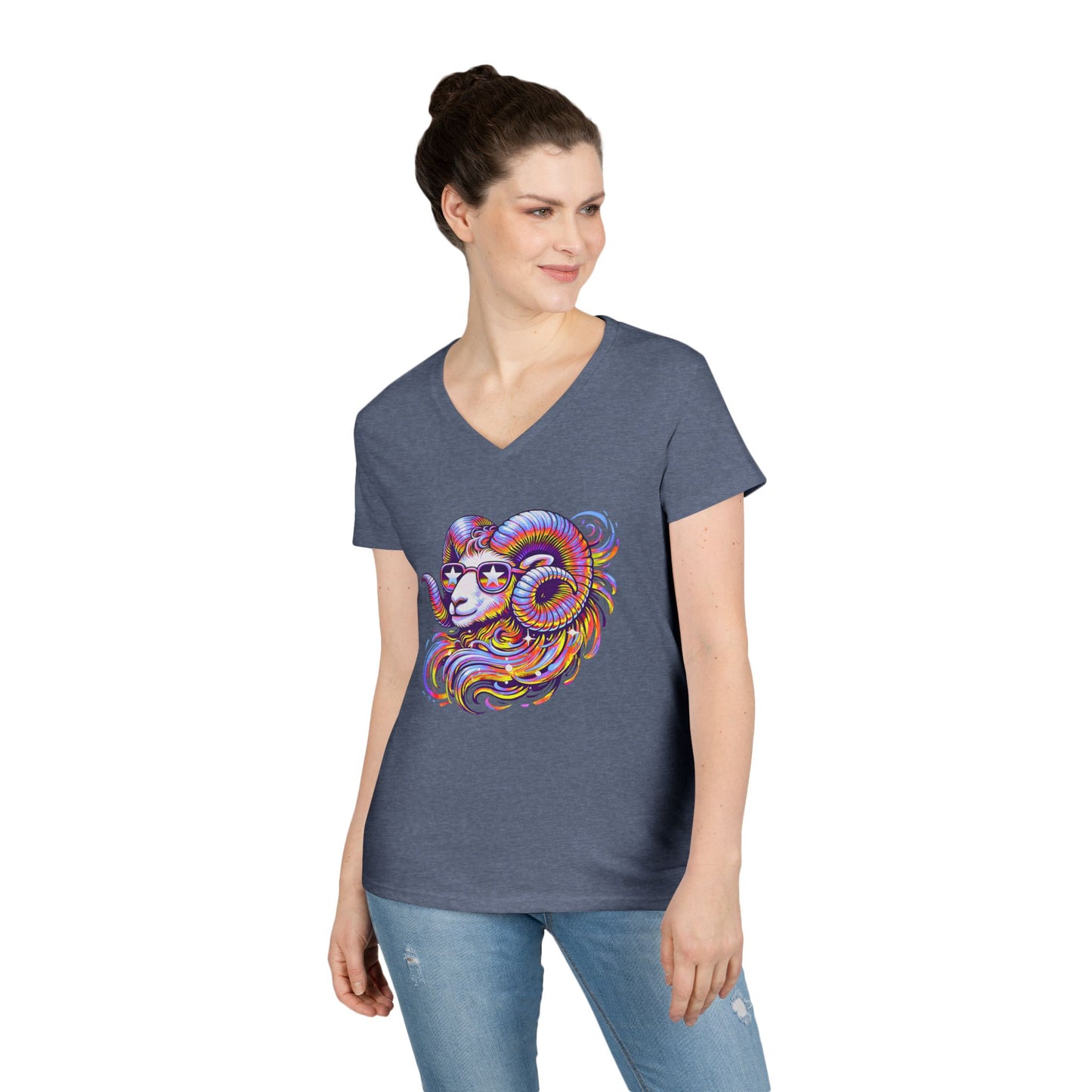 Psychedelic Ram Women’s V-Neck Tee – Empowering Aries Zodiac Shirt