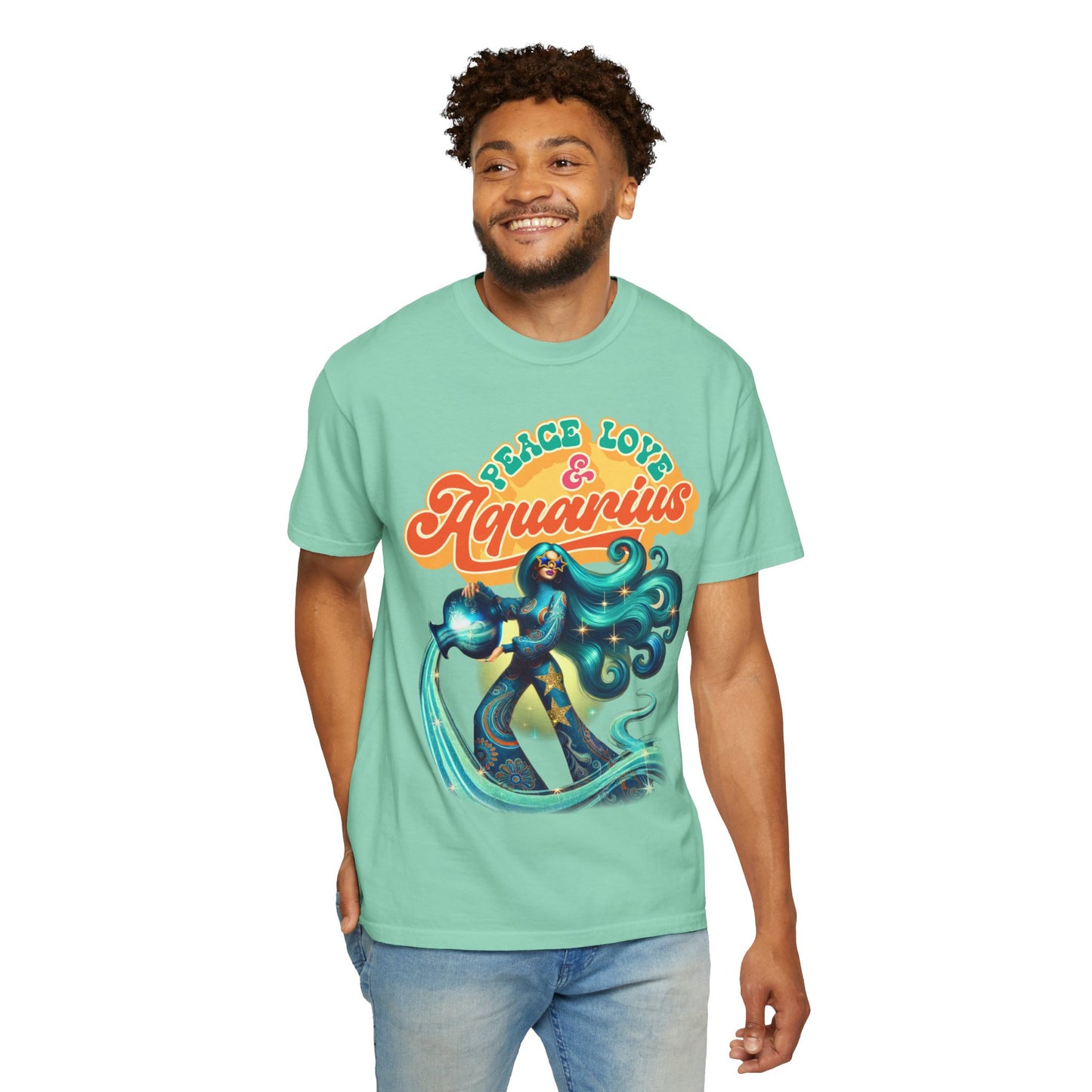 Peace Love & Aquarius – Retro Zodiac Water Bearer Tee